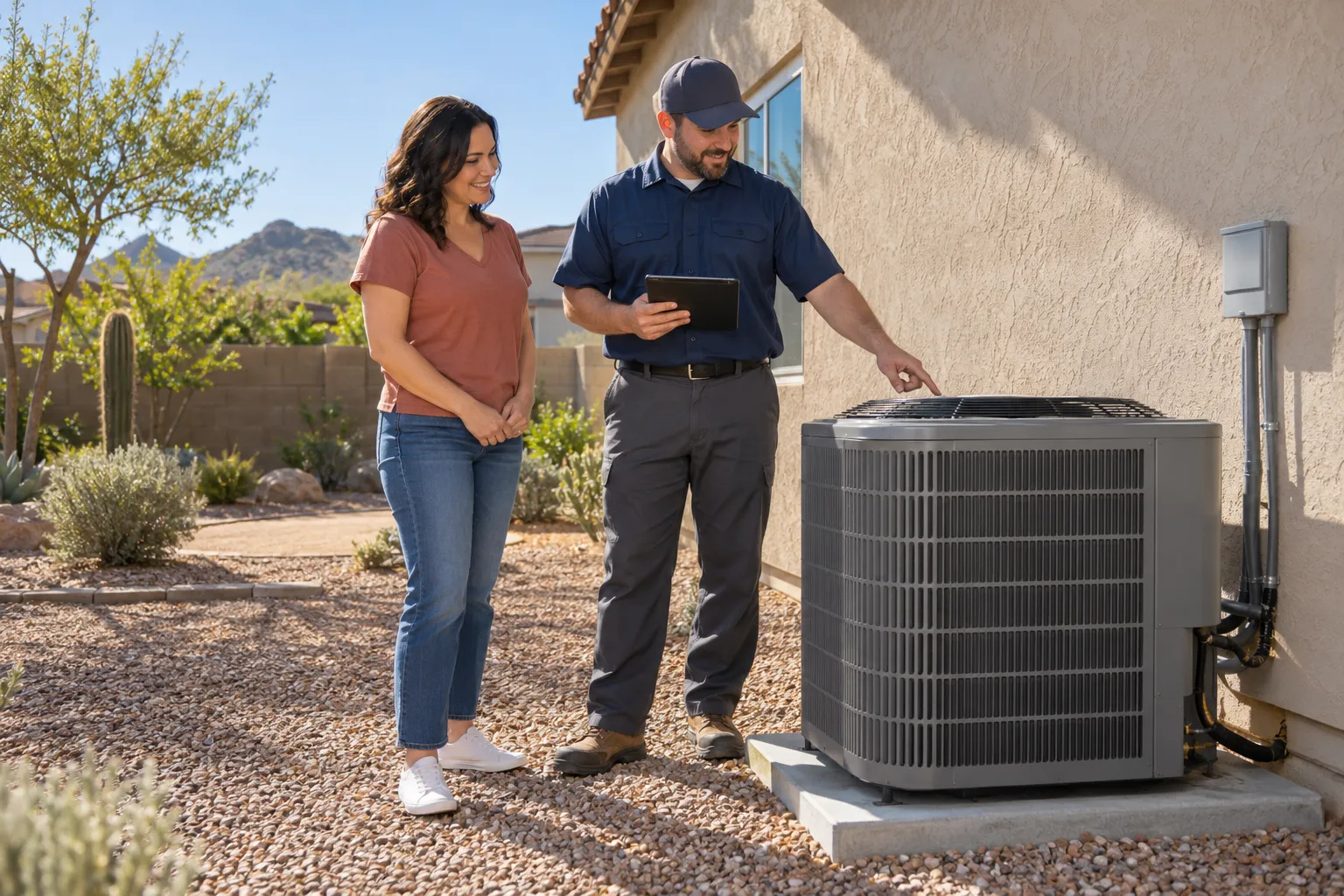 Friendly homeowner talking with an HVAC provider beside a new outdoor AC unit at a stucco home in Roseville