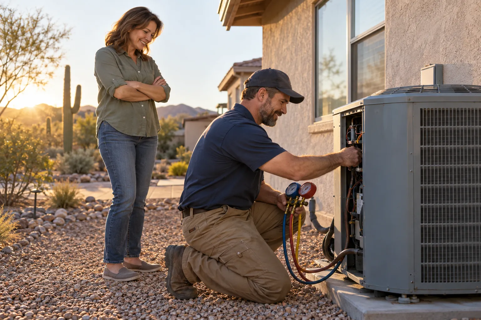A local HVAC provider checking an outdoor air conditioning unit beside a stucco ranch home in Roseville