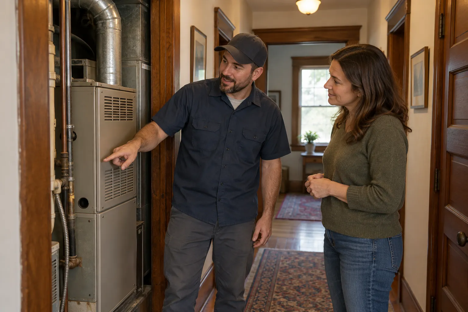 A homeowner talking with an HVAC provider about a furnace in the Roseville area
