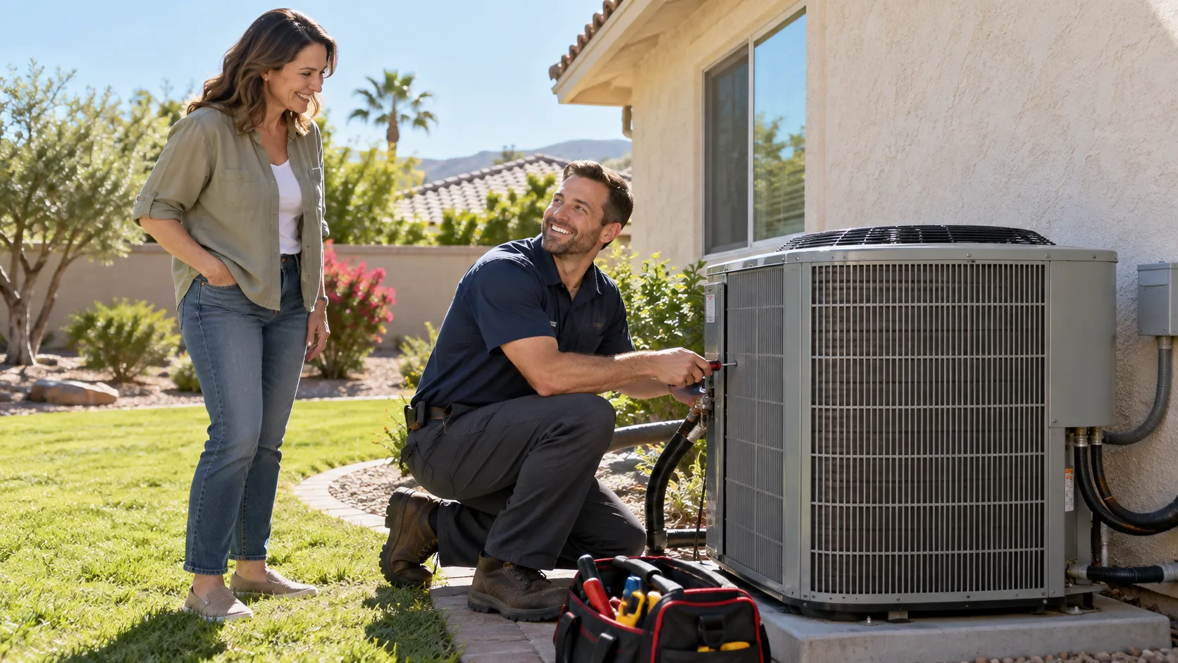A friendly HVAC provider checking an outdoor AC unit beside a stucco home in Roseville