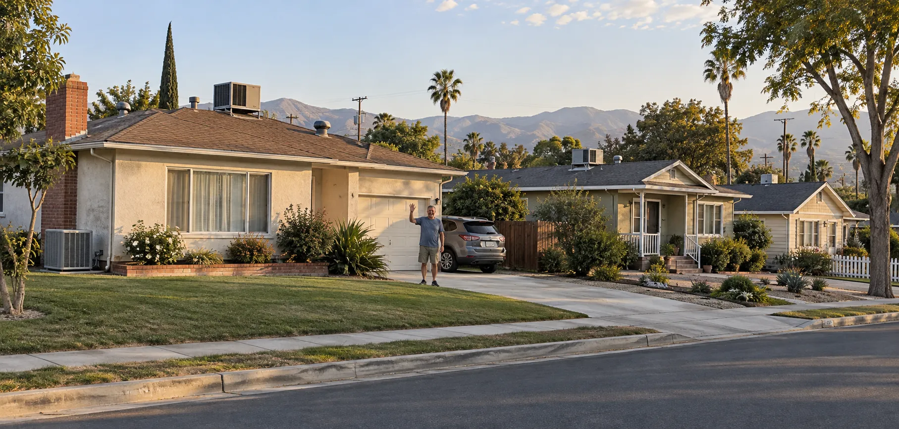 Neighborhood of stucco ranch and bungalow homes in Roseville